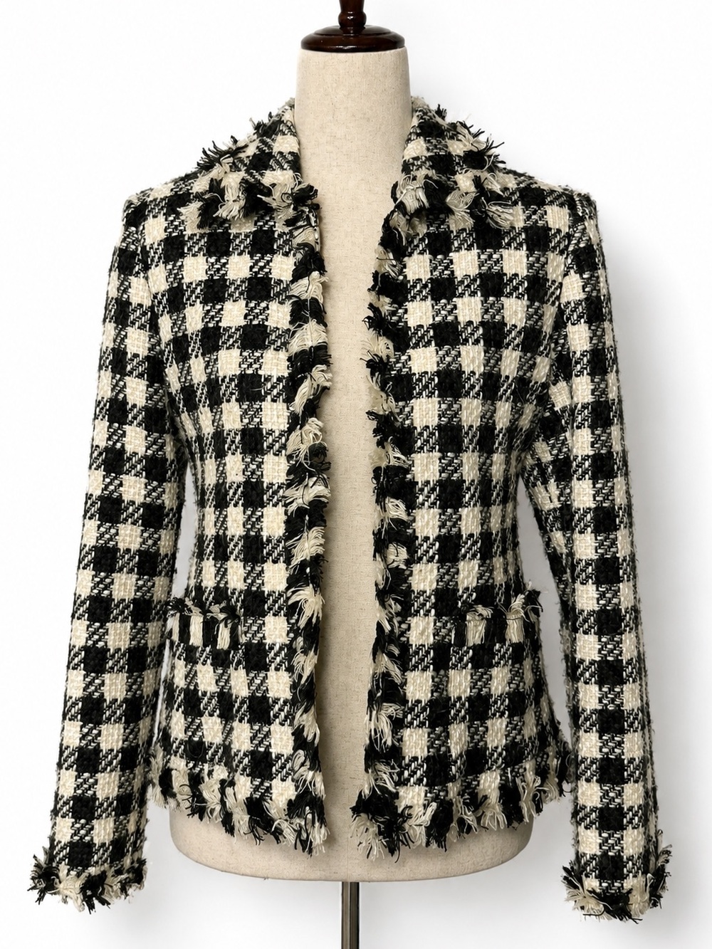 Black & white checked tweed jacket blazer. Pockets, frayed edges- old money. S